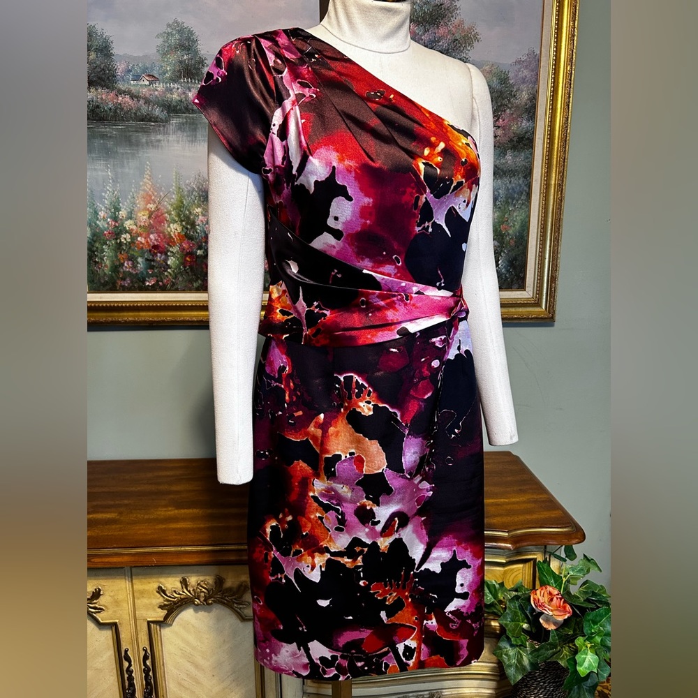 Tahari One Shoulder Black Purple Pink Lilac Danika One Shoulder Floral Dress - Picture 8 of 15